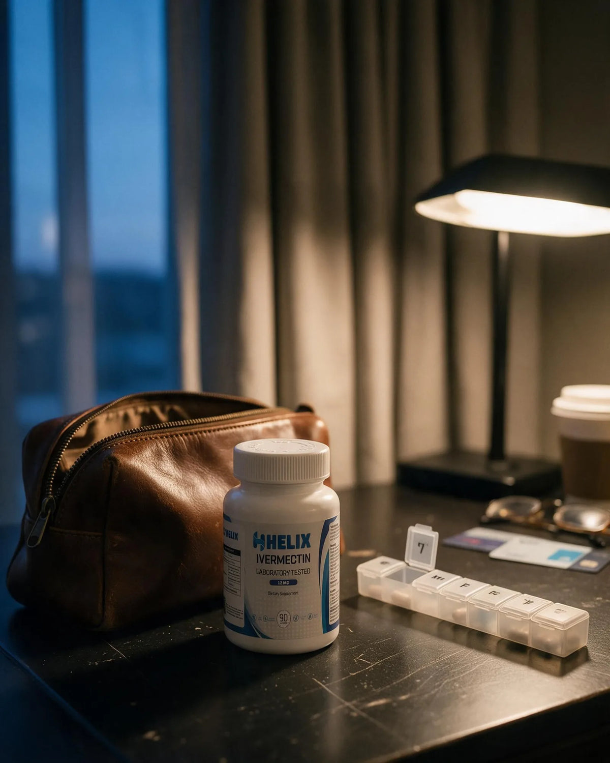 The bottle on a hotel desk beside a leather dopp kit and a weekly pill organiser