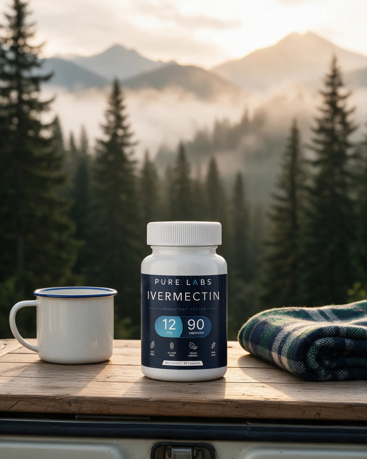 The bottle on the tailgate of a camper van at sunrise, beside an enamel mug and a wool blanket